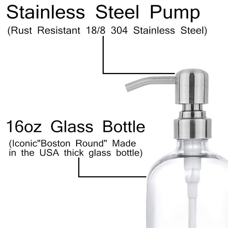 CHBJDAN 2 Pack Thick Clear Glass Pint Jar Soap Dispenser with Silver Stainless Steel Pump, 16ounce Clear Boston Round Bottles Dispenser with Rustproof Pump for Essential Oil, Lotion Soap - Image 3